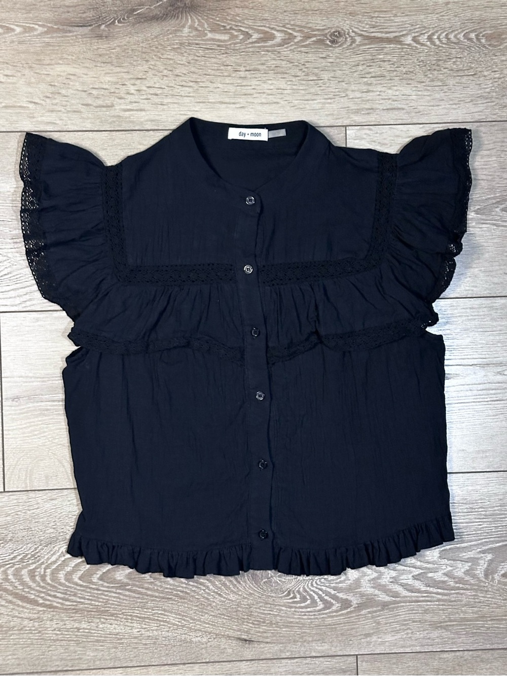 Day + Moon Button Up Flutter Sleeve Ruffle Whimsigoth Top Crochet Detailing - Picture 4 of 15